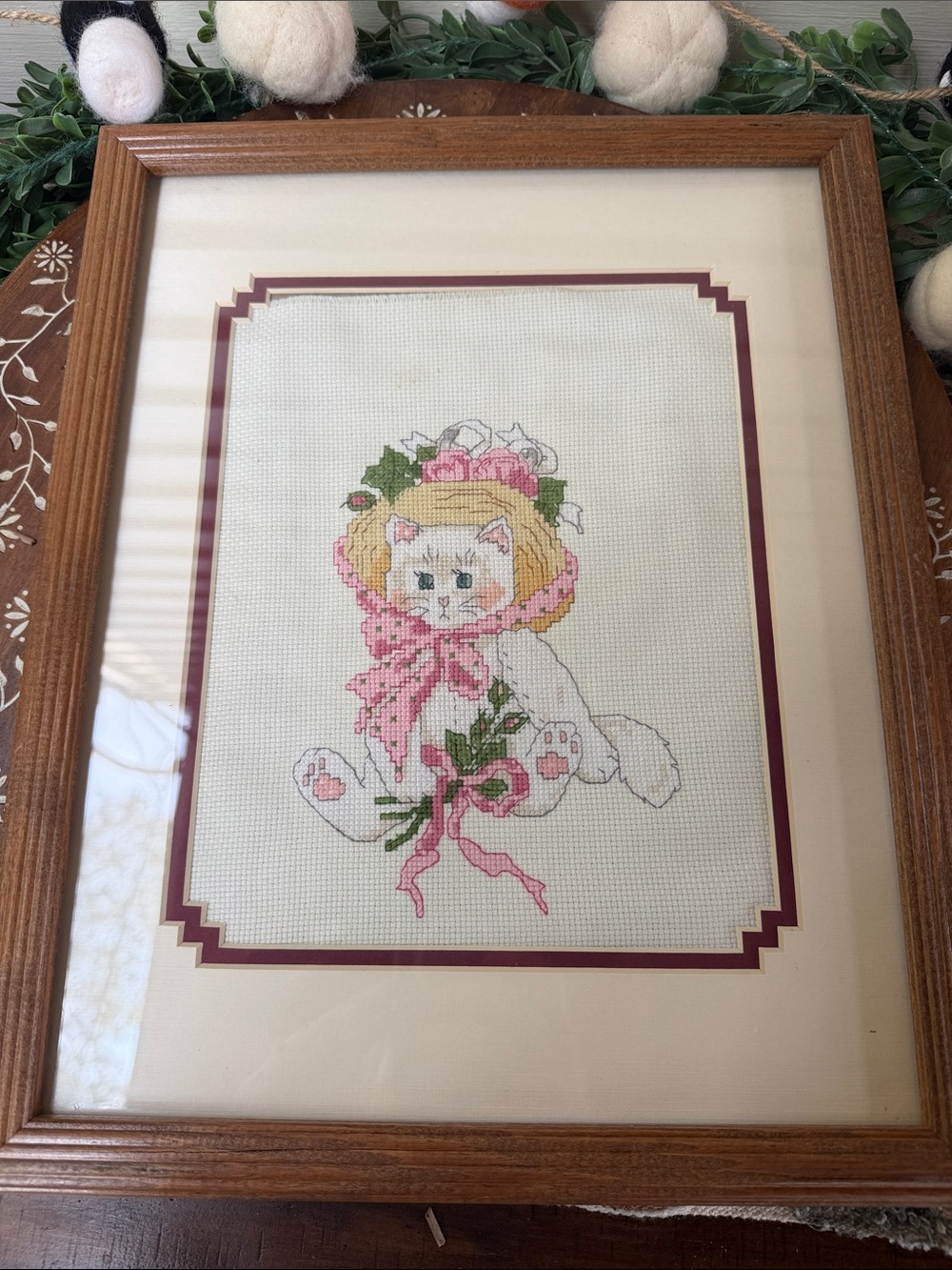 Vintage Framed White Kitten Cross-Stitch Art with Pink Accents